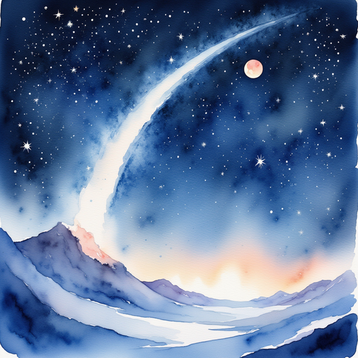 The cosmic comet arcs across the night sky, leaving a sparkling trail. In the background, countless stars twinkle over the icy horizon.