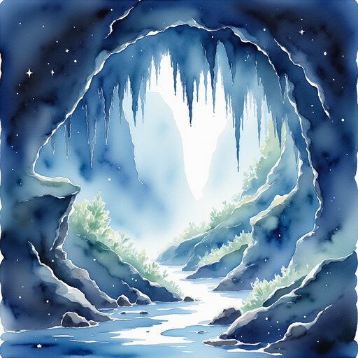 The shimmering stalactites hang overhead, reflecting faint light. In the background, distant shadows stretch across the cavern