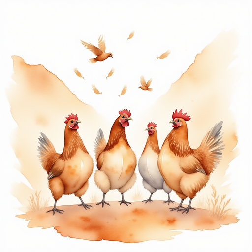Several chickens flap their wings, scattering a few feathers. In the background, the desert ground looks dusty.