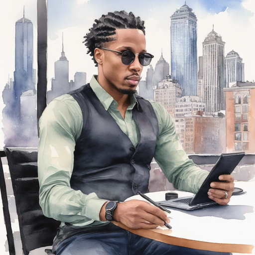 Natanel wearing long sleeved button shirt scheming sitting in a black iron chair camera and binoculars on black cafe table in front of shop cityscape skyscrapers in nearby distance