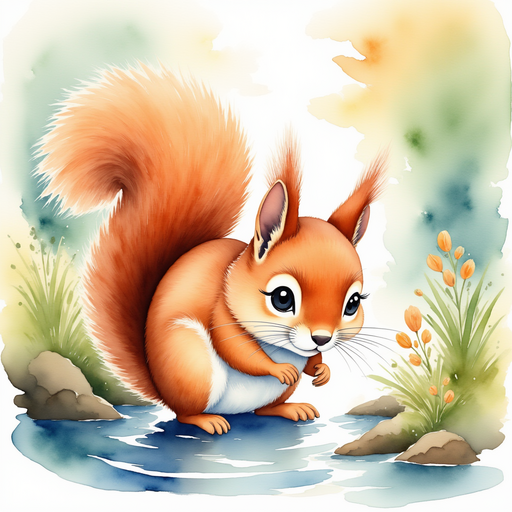 Scruffles the squirrel, peering intently into the shimmering, rainbow-hued waters of an enchanted stream. quiet forest clearing