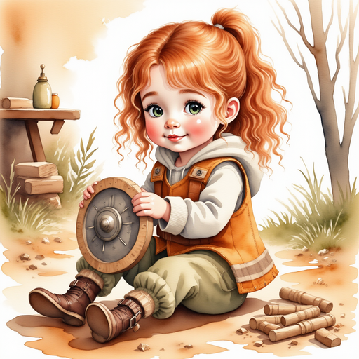 Bolda carefully ties thick rope around the sides of her half-built wooden vessel. In the background, a pile of extra wood is stacked near a simple workbench.