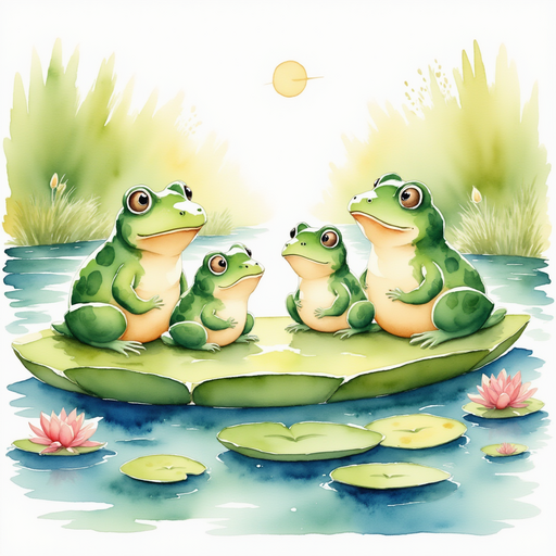 A group of singing frogs sits on a lily pad raft. In the background, the rippling surface of the pond glistens under the sun.