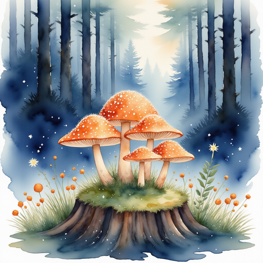 A glowing mushroom cluster sits on the stump, its caps sparkling with faint luminescence. In the background, soft moonlight filters through tall tree trunks.