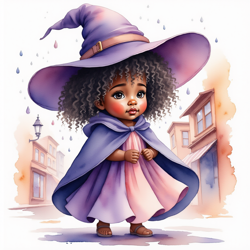 Willow Charms - who is black - is looking distressed while clutching her hat against the wind. In the background, raindrops run down windows of small shops