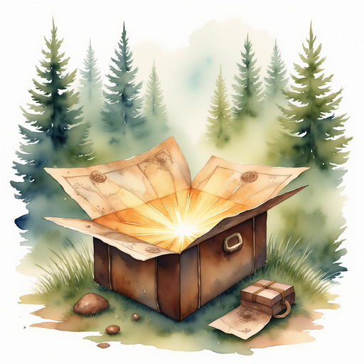 The magical map inside the opened gift, glowing faintly and promising adventure. In the background, shadows of trees indicate the map's forest location.