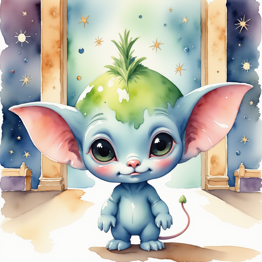 Zibloo stands, ready to help, with a curious tilt of his antenna. In the background, palace walls covered in sparkling paintings