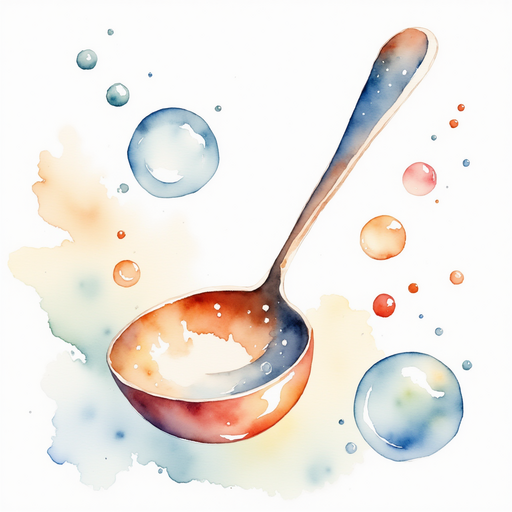 A shiny ladle floating gently in midair. In the background are colorful bubbles.