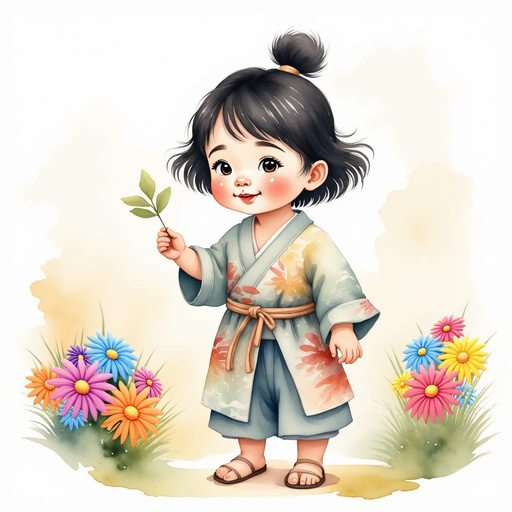 Sammy smiling and gently touching a glowing leaf In the background, tall grass sways in the breeze