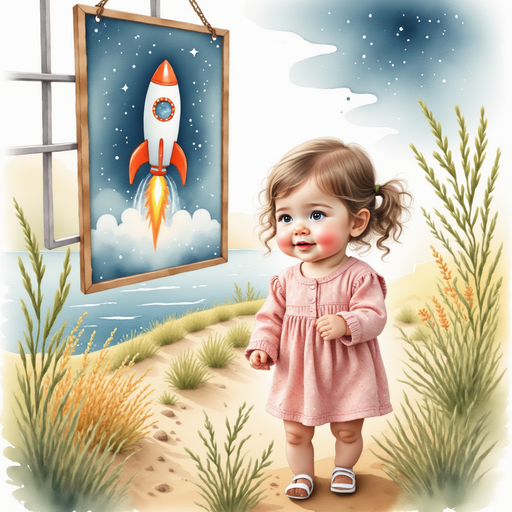 Sofia looking at a poster of the Rainbow Rocket ride.