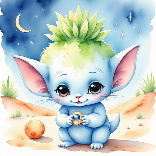 Zibloo smiles while holding a tiny spaceship toy. In the background, shining stars reflect on the grassy slopes.