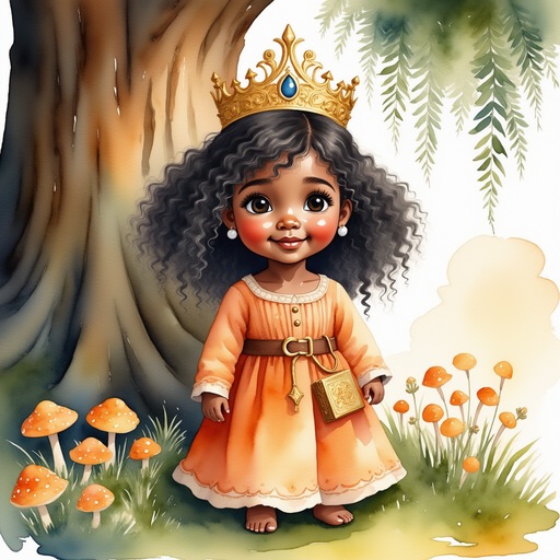 Queen Neena stands by a tall oak trunk, smiling kindly. In the background is a patch of glowing mushrooms.