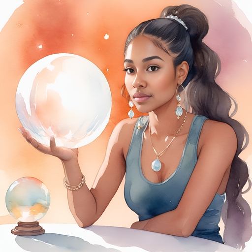 Ahgaddes portrait close-up long wavy ponytail wearing a tank top sitting in front of a luminating crystal ball on a table in a séance room speaking determinedly serious