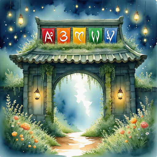 A mossy gate covered with shimmering letters stands silently. In the background, fireflies drift through the air like tiny lanterns.