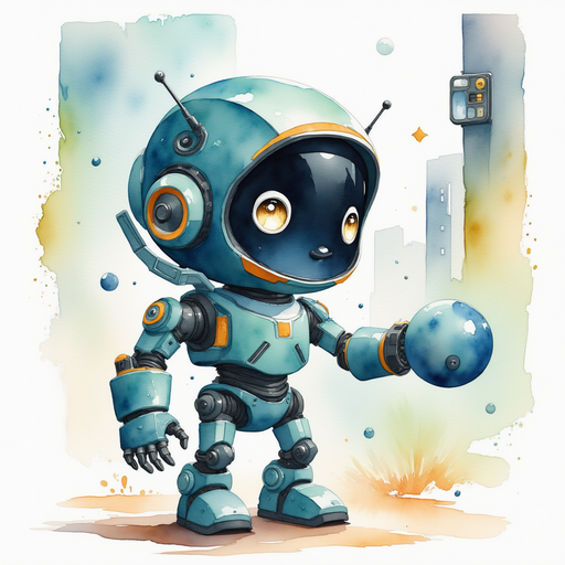 Show Blinky Sparx pressing a small button on the orb, eyebrows raised with concern. In the background stands a sleek, tall building with a digital display panel.