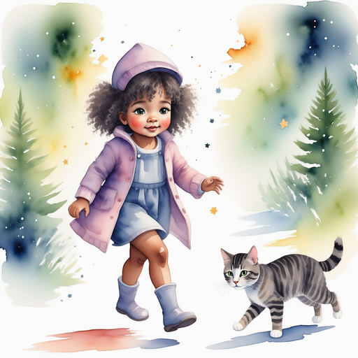 Show Luna Lighthug wearing her sparkly shoes, quietly exploring the snowy path. Huge evergreen trees shimmering with frost