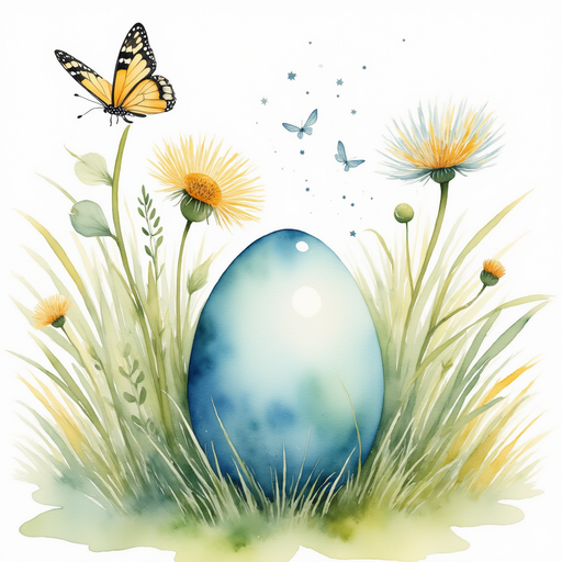 A sparkling blue egg nestled among swaying blades of grass. In the background are dandelions and tiny butterflies