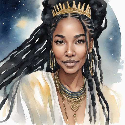 Sibylline as a young woman with long dark dreadlocks pinned into a tribal bun heavy make-up and tribal jewelry wearing a cosmic black and gold royal majestic robe and royal crown in gleaming stars swirling in the celestial expanse.
