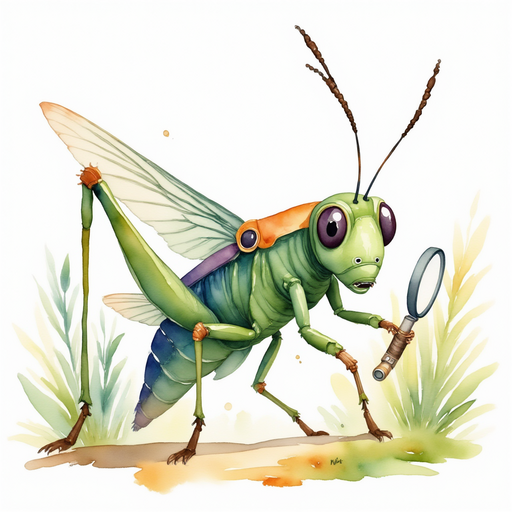 Buzzywhirl inspects a small gadget with a magnifying lens. In the background, leaves rustle under a gentle breeze.