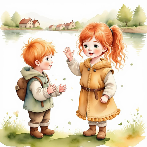Bolda the Bright waving at Eirik, who stands on the grassy shore with a football under his arm. In the background, the Viking village rooftops peek above the trees.