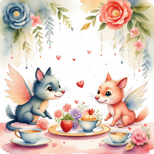 Illustrate the tea party with magical creatures sharing a whimsical setup with teacups and pastries. In the background, vibrant flowers and twinkling lights hang from trees.