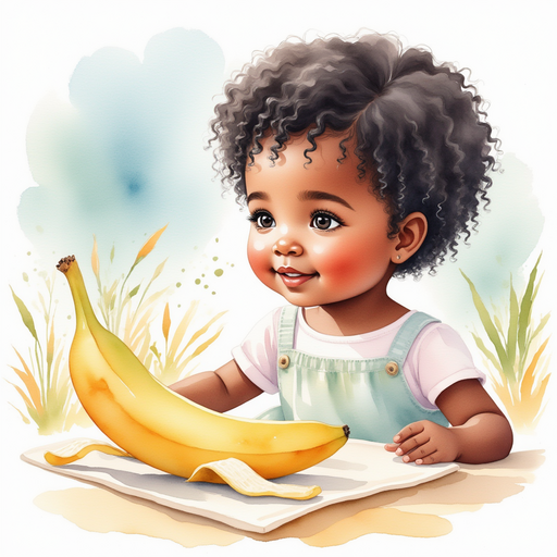 Ava laughing at her peeled banana shaped like a slug.