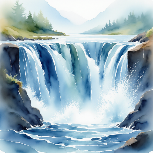 A roaring cascade of water, crashing into a churning pool beneath. In the background mist rises from the swirling water