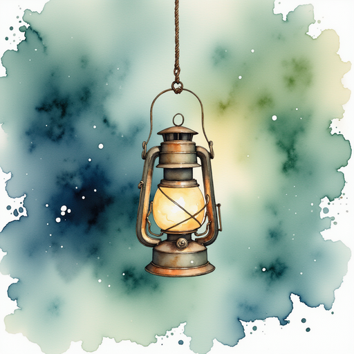 A rusted lantern dangling from a rope, its flame dancing in an eerie glow. In the background, swirling mist glows with a faint emerald hue