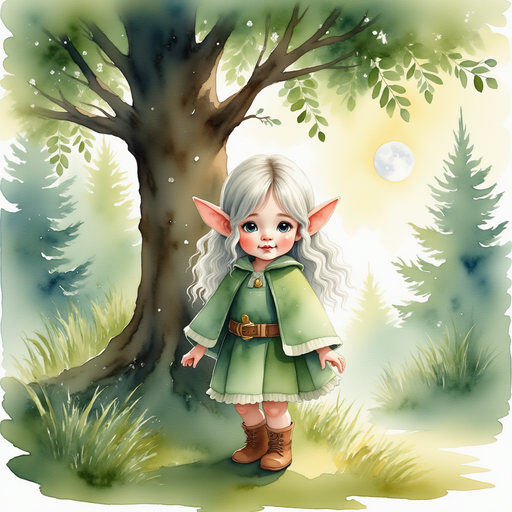 Flicker stands under a tall oak tree with a curious grin. In the background, the forest glows with gentle moonlight.