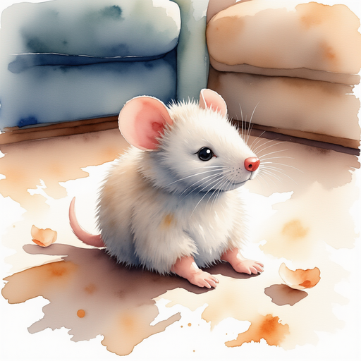 Illustrate a small toy mouse made of fabric and partially covered in fluff, laying on a wooden floor. In the background, a view under the couch where shadows abound.