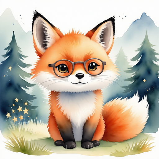 A fox named Felix wearing tiny glasses, with a satchel slung over his shoulder and a knowing smile. In the background, a forest lit by fireflies at the base of misty mountains.