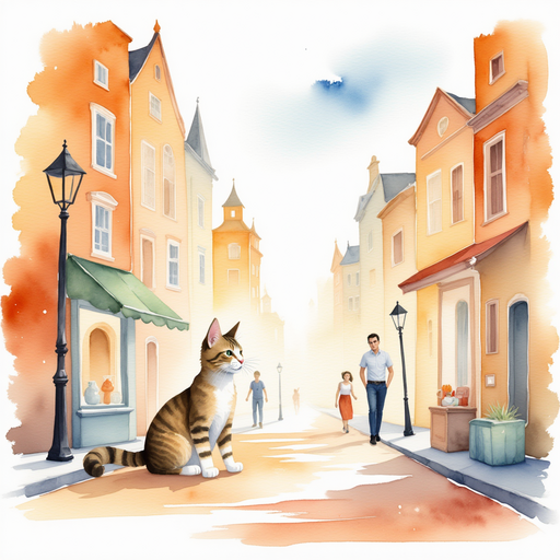 Luna talking to a group of alley cats, with the toy store in the distance.