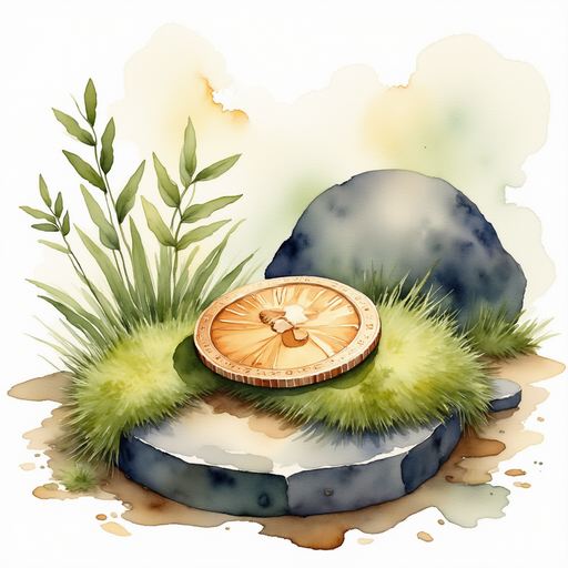 A battered bronze coin gleaming on a patch of moss. In the background, twisted briars cling to broken stone.