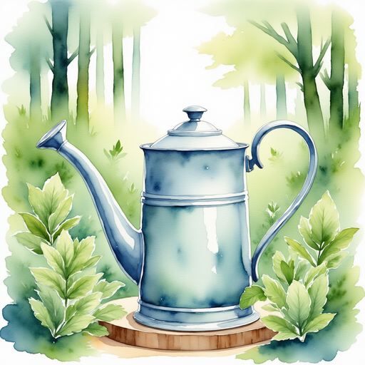 A shimmering watering can sits among lush peppermint leaves. In the background, sunlight streams through the glass dome.