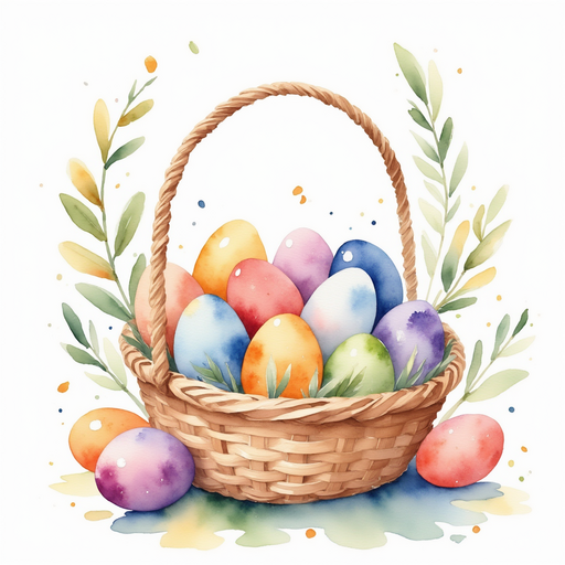 Show a basket filled with rainbow eggs. In the background, leafy branches sway.