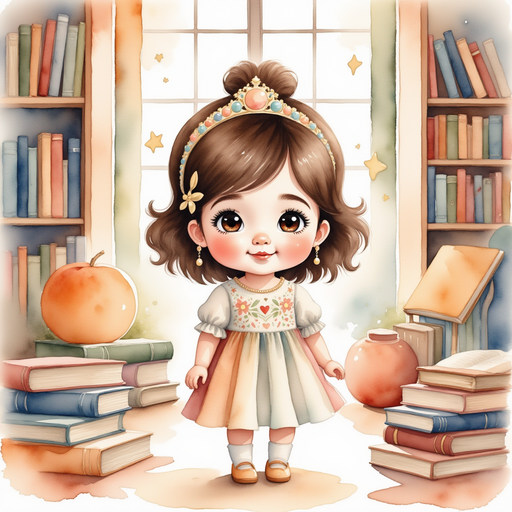Princess Zoombella standing in a quiet room of towering books. In the background, a comfy reading chair by a window.