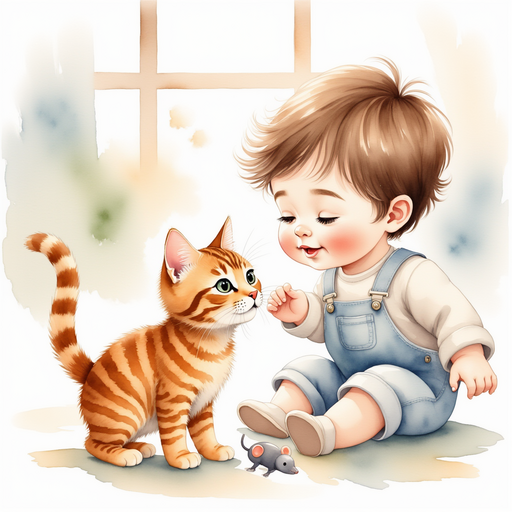 Show Trevor's focused expression as he wiggles the toy mouse near the couch, trying to lure Tabby out. In the background, soft curtains over a window.