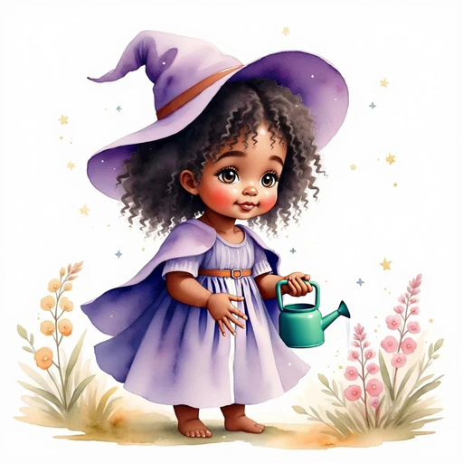 Willow Charms carefully pours water at Flower’s base, holding the spout low. In the background, little droplets sparkle in the sun.