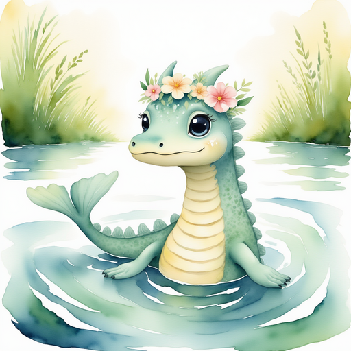Nessie Sparkles nodding appreciatively to the group on the shore. In the background, gentle waves of the river in front of green meadows.