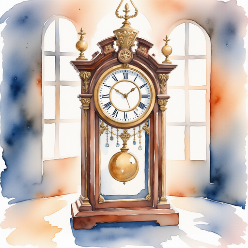A tall clock with shiny gears stands nearby. In the background, gentle lights reflect off the glossy floor