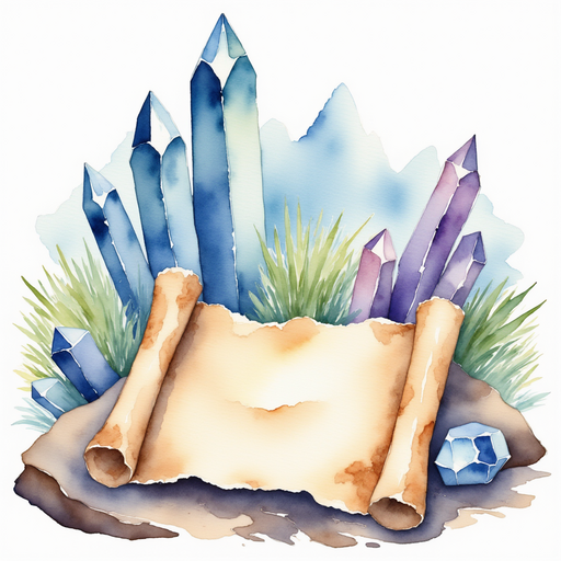 A battered recipe scroll lies on a broad, flat stone beneath glittering crystals. In the background, towering quartz pillars shimmer with reflected light.