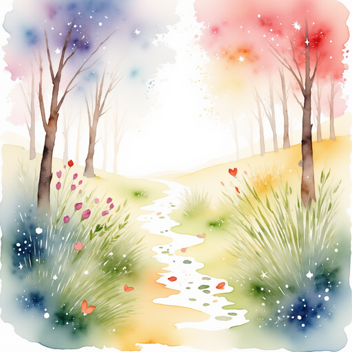The glimmering rainbow petals In the background, a glimpse of a winding path