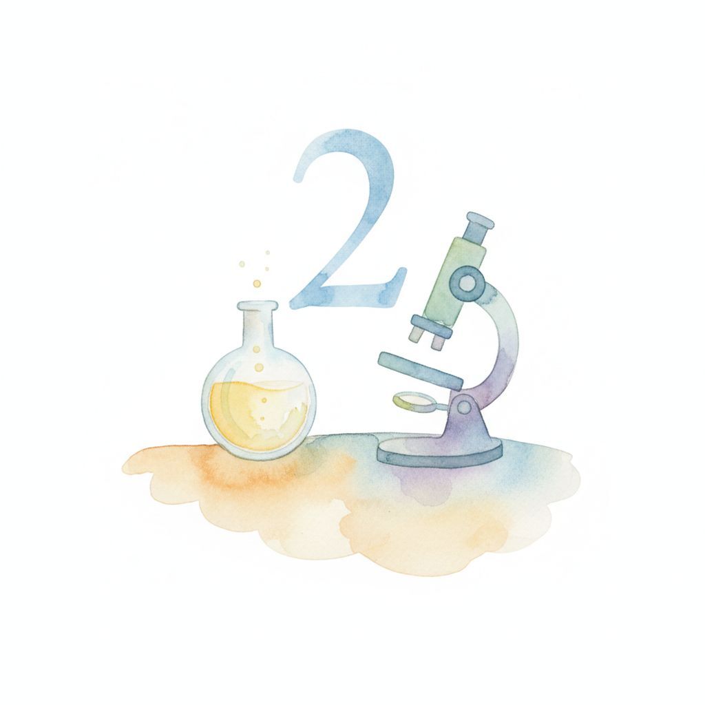 Show the number "2" on a table with scientific lab equipment like a beaker and a microscope.