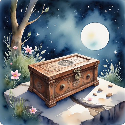 A curious wooden riddle box rests on a smooth stone, carved with mysterious patterns. In the background, moonlight illuminates a few delicate flowers.