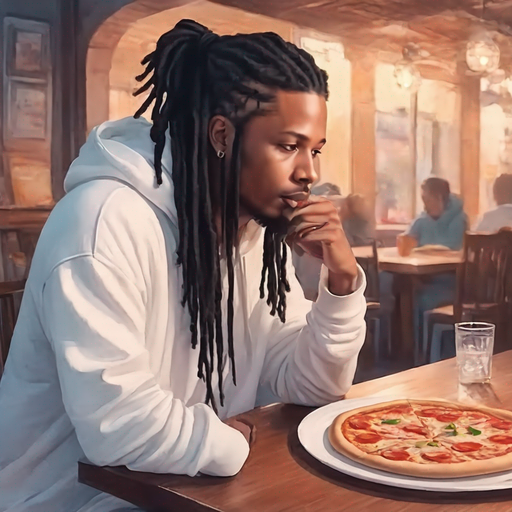 Duck close-up portrait dark dreadlocks ponytail with white hoodie and pizza in a bustling parlor.
