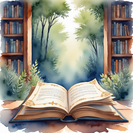 The wise old librarian, seated behind the counter, smiles warmly and gestures towards the endless rows of books in the library. In the background, soft light filters through high, arched windows.