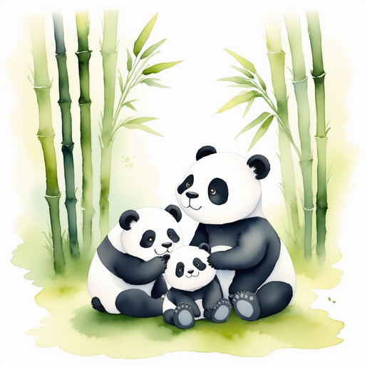 The Panda family sits together beneath tall green stalks. In the background, slender bamboo leaves sway in a light breeze.
