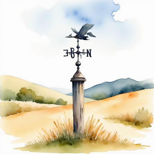 The metal weather vane stands crooked atop a wooden post, spinning in the wind. In the background, rolling hills and a clear sky sit ominously still