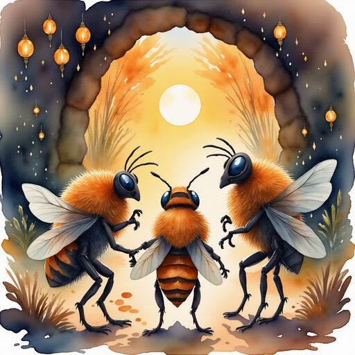 The three new insects standing close together, peering at the busy hive. In the background a narrow tunnel lined with glowing lanterns.