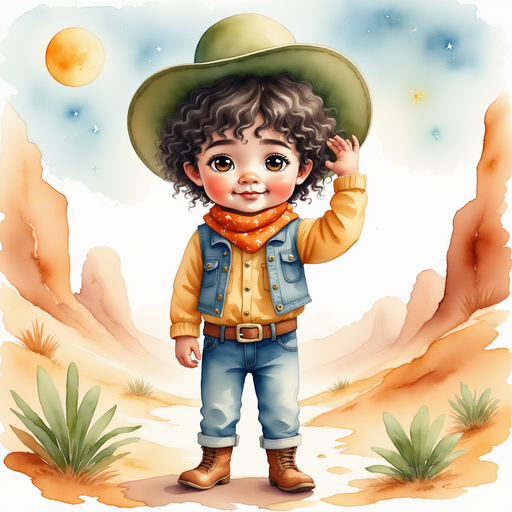 Cactus Cody stands beside an oasis, tipping his hat. In the background, the moon glimmers over the desert sand